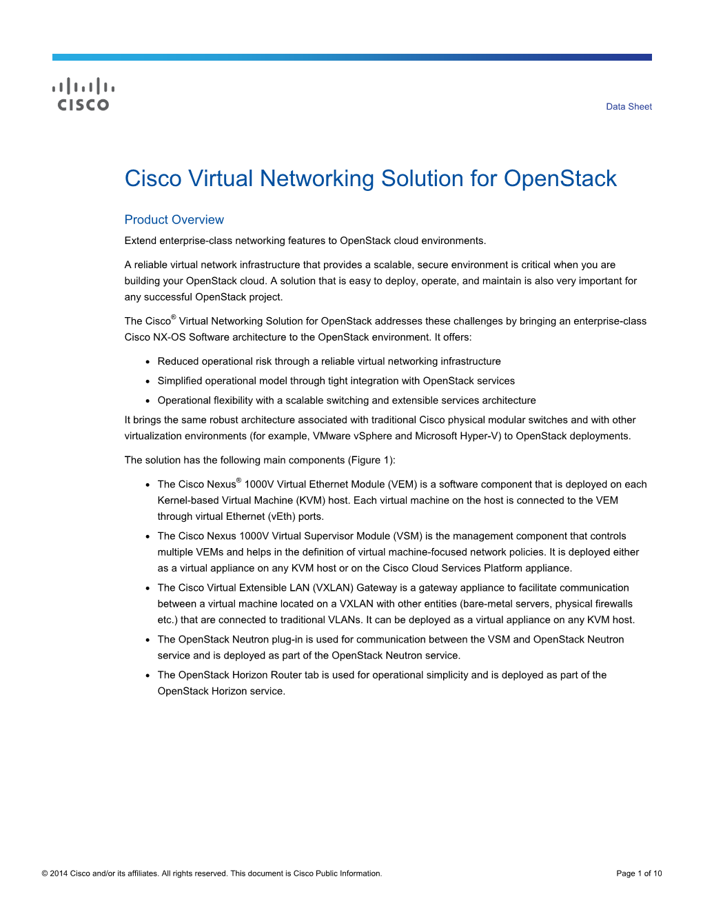 Cisco Virtual Networking Solution for Openstack Data Sheet
