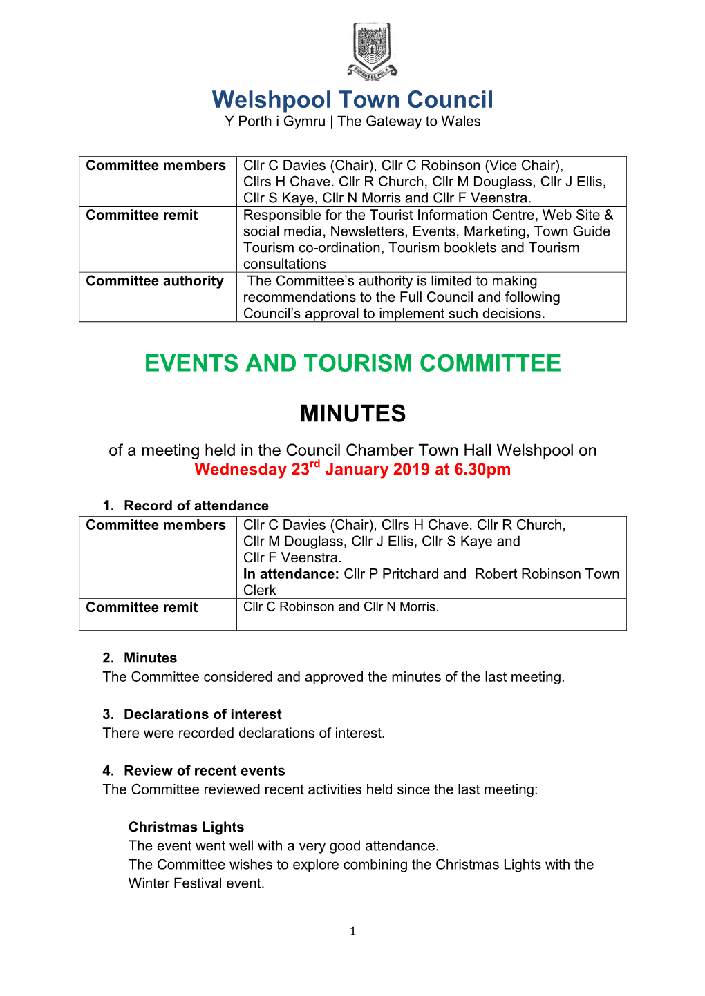 Welshpool Town Council EVENTS and TOURISM COMMITTEE