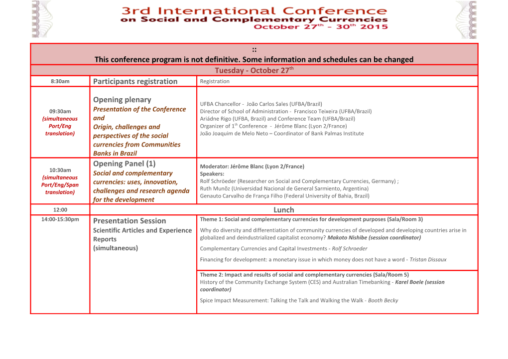 3Rd International Conference on Social and Complementary Currencies Brazil October 27Th