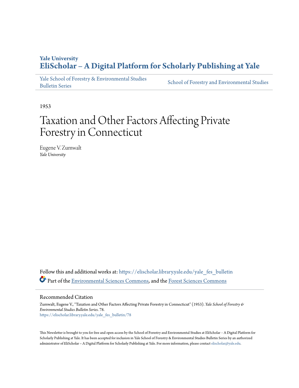 Taxation and Other Factors Affecting Private Forestry in Connecticut Eugene V