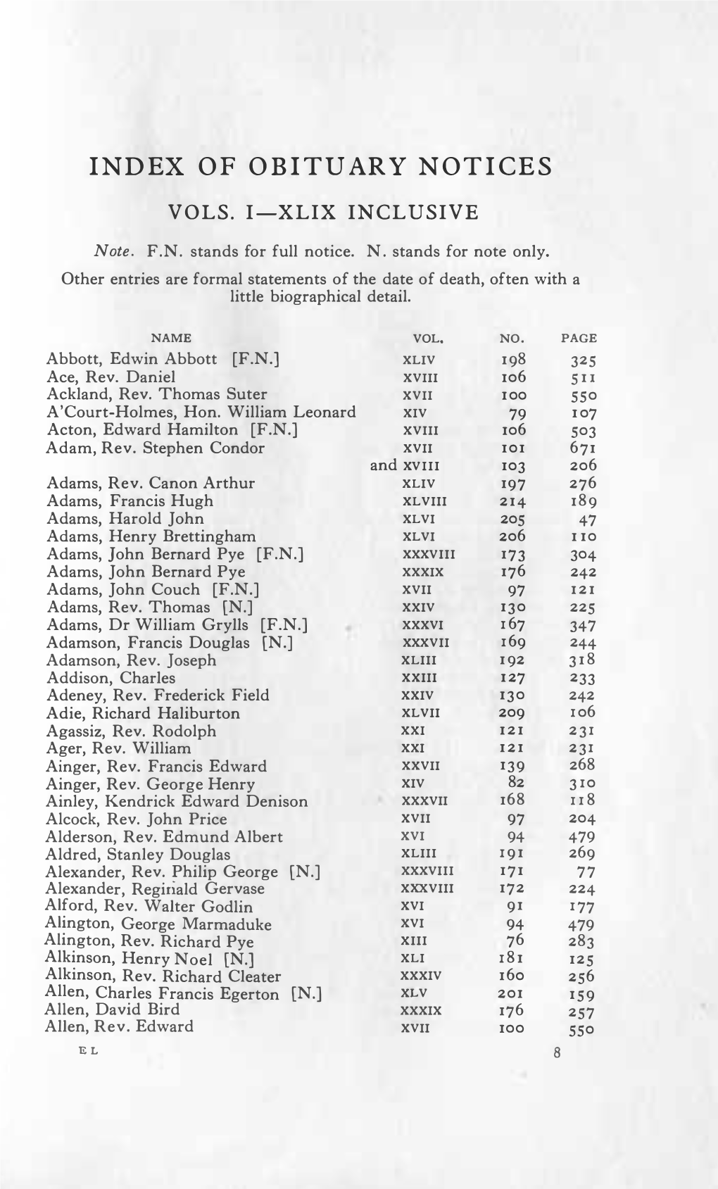 Of Obituary Notices Vols I-XLIX (1858-1937)