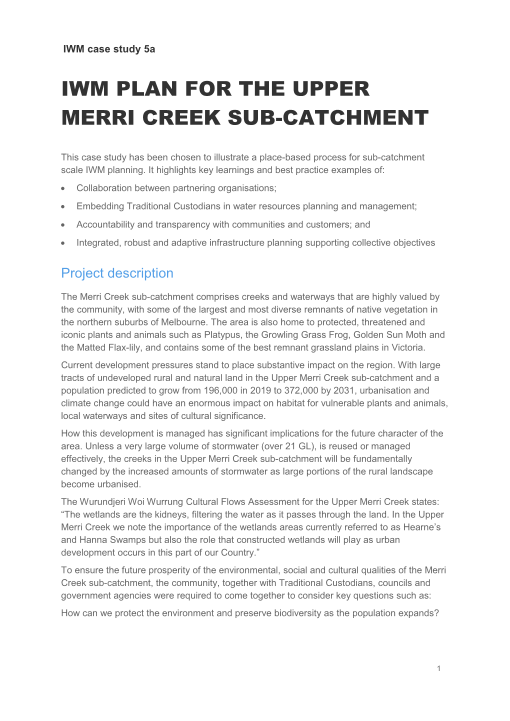 Iwm Plan for the Upper Merri Creek Sub-Catchment