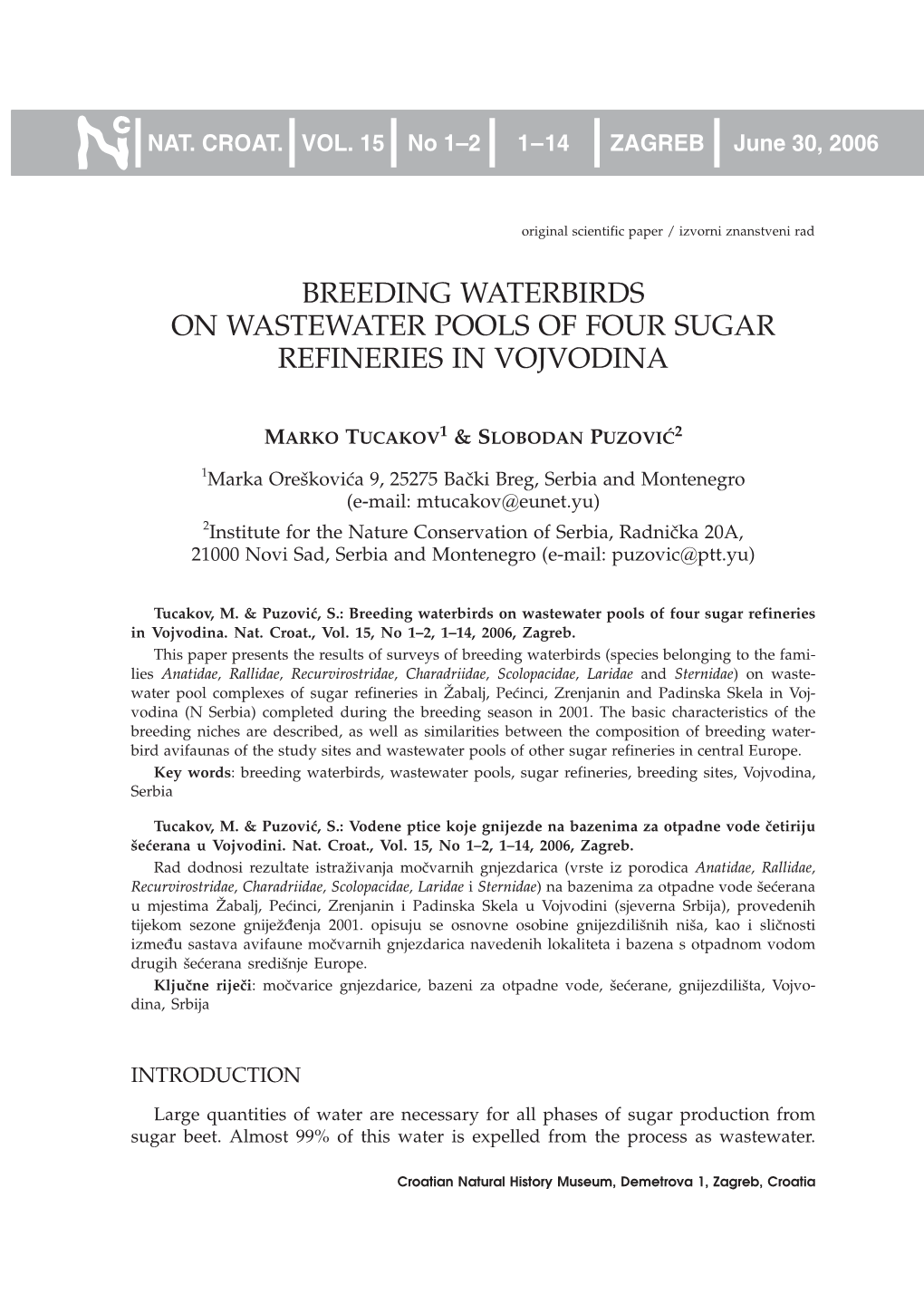Breeding Waterbirds on Wastewater Pools of Four Sugar Refineries in Vojvodina