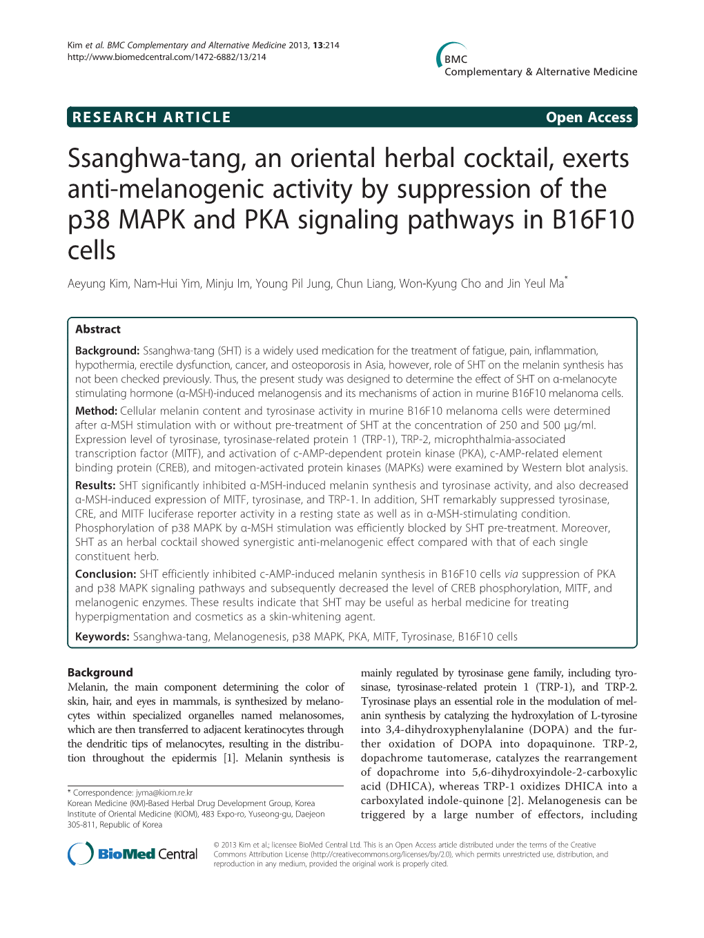 Ssanghwa-Tang, an Oriental Herbal Cocktail, Exerts Anti-Melanogenic Activity by Suppression of the P38 MAPK and PKA Signaling Pa