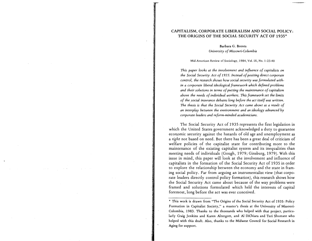 Capitalism, Corporate Liberalism and Social Policy: the Origins of the Social Security Act of 1935*