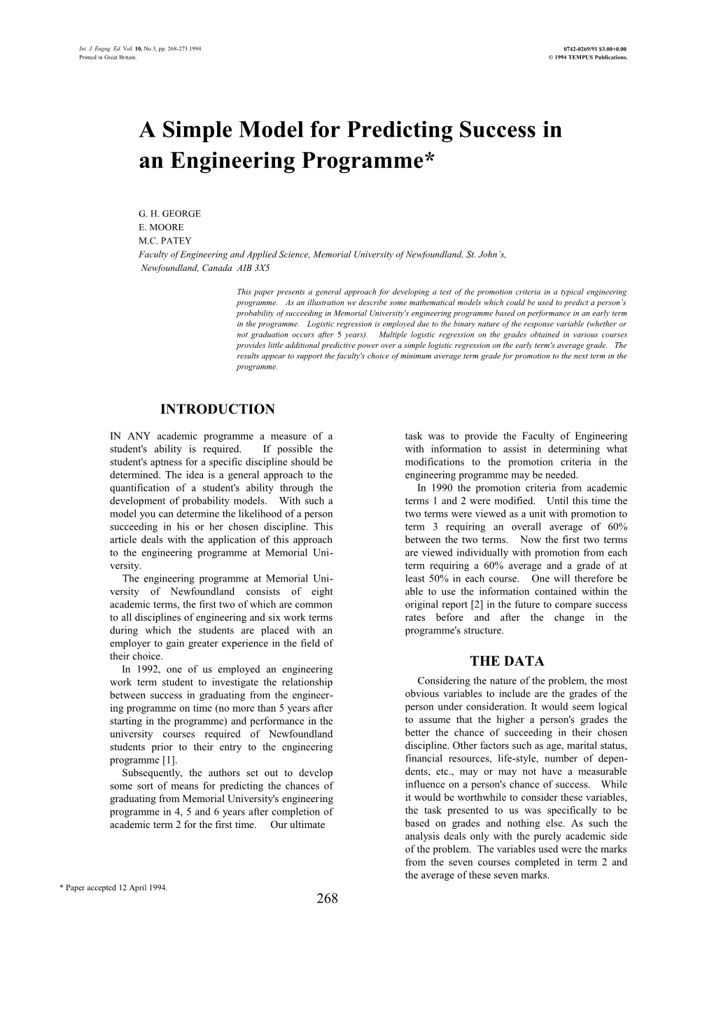 A Simple Model for Predicting Success in an Engineering Programme