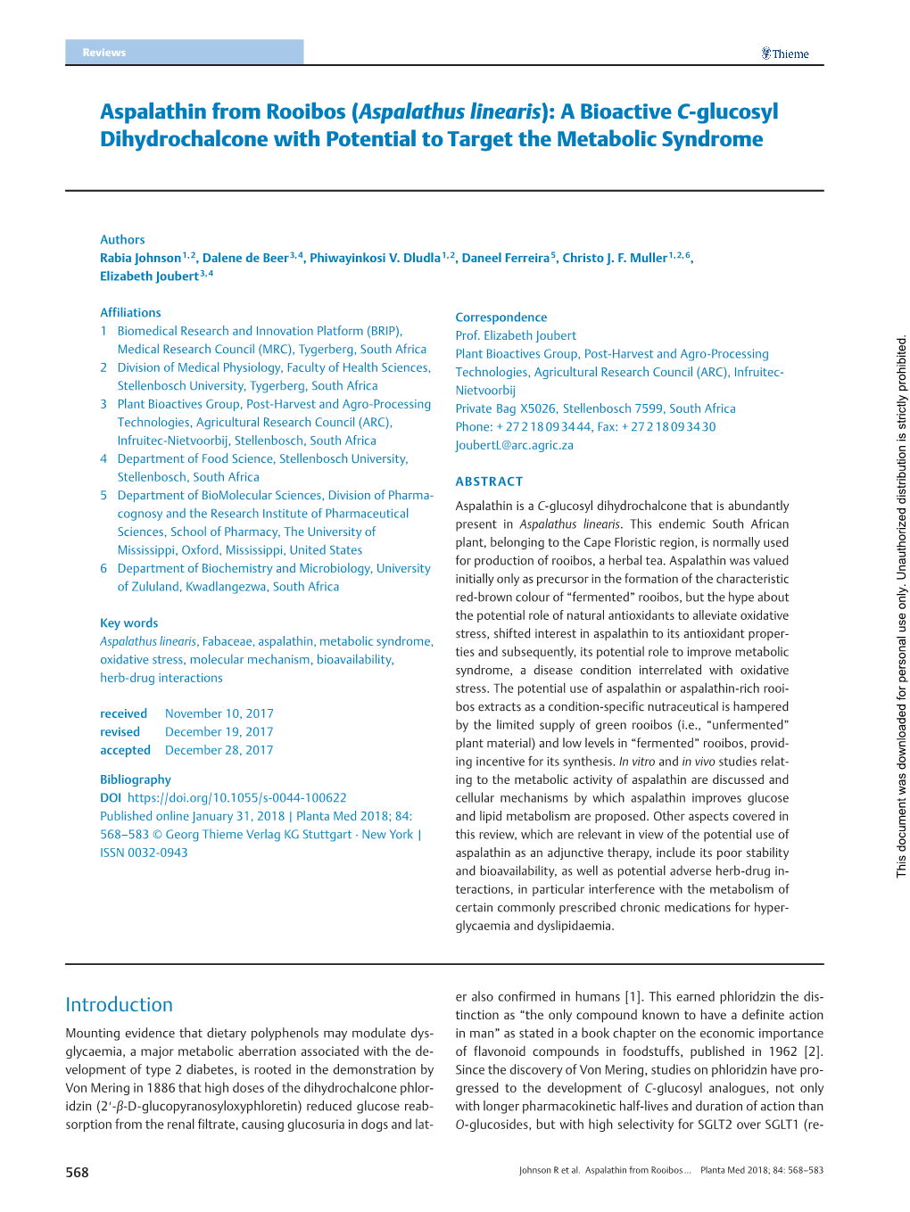 Aspalathin from Rooibos (Aspalathus Linearis): a Bioactive C-Glucosyl Dihydrochalcone with Potential to Target the Metabolic Syndrome