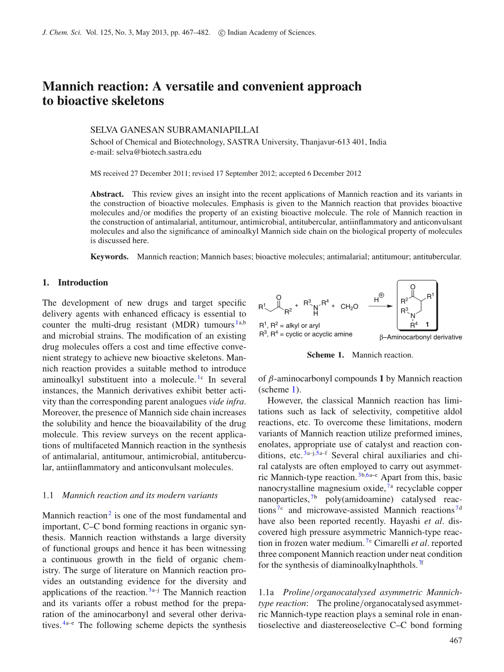 Mannich Reaction: a Versatile and Convenient Approach to Bioactive Skeletons