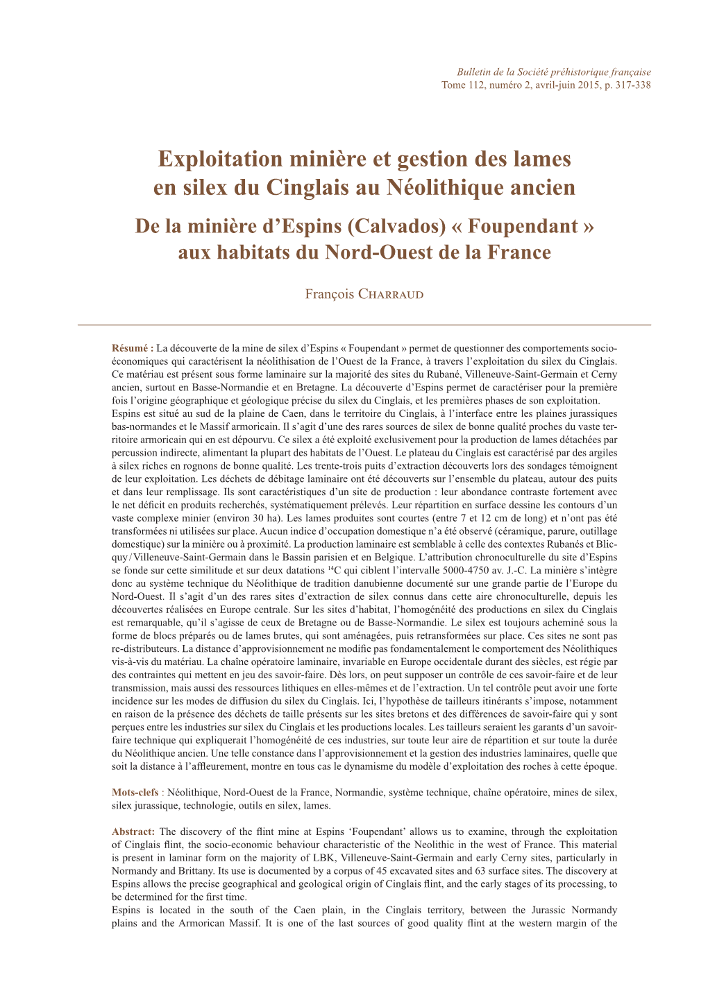 Exploitation Minière Et Gestion Des Lames En Silex Du Cinglais Au