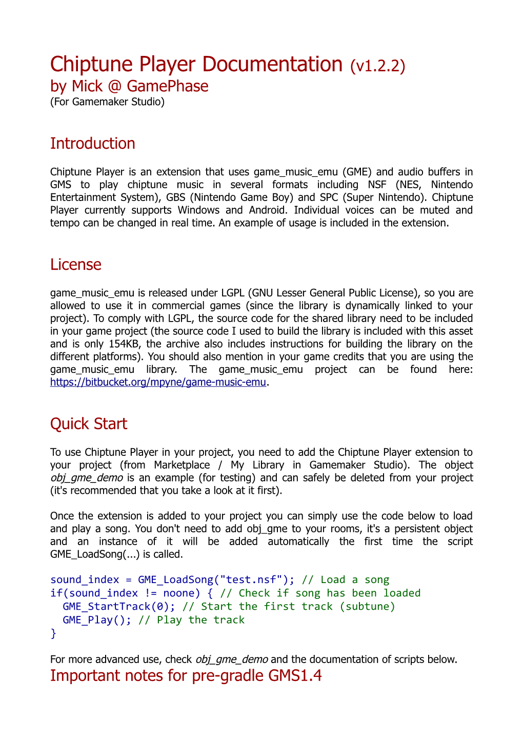 Chiptune Player Documentation (V1.2.2) by Mick @ Gamephase (For Gamemaker Studio)