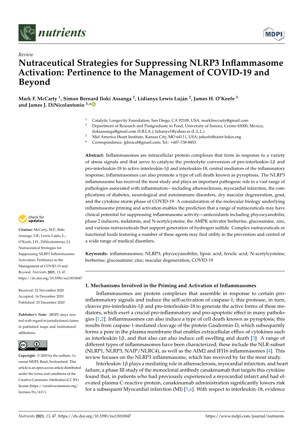 Nutraceutical Strategies for Suppressing NLRP3 Inflammasome Activation: Pertinence to the Management of COVID-19 and Beyond