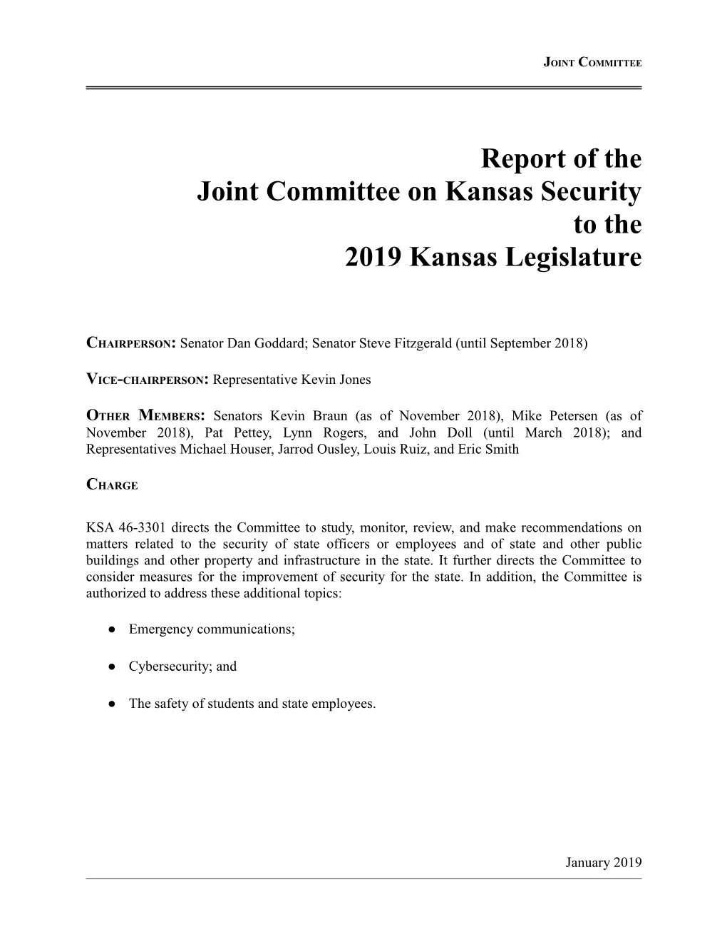 Report of the Joint Committee on Kansas Security to the 2019 Kansas Legislature