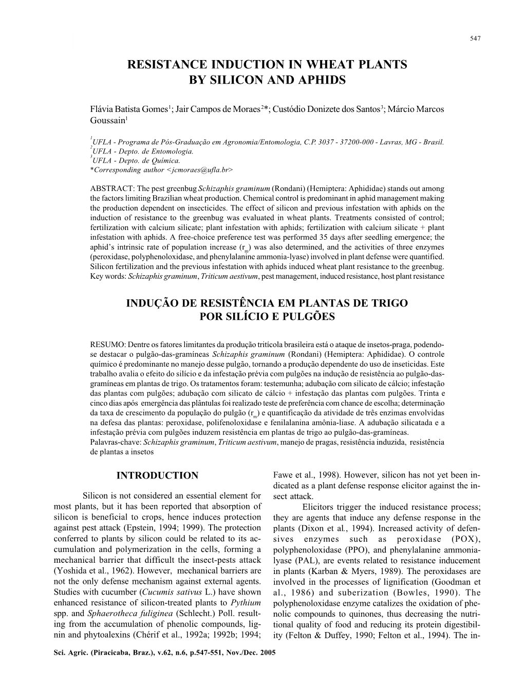 Resistance Induction in Wheat Plants by Silicon and Aphids