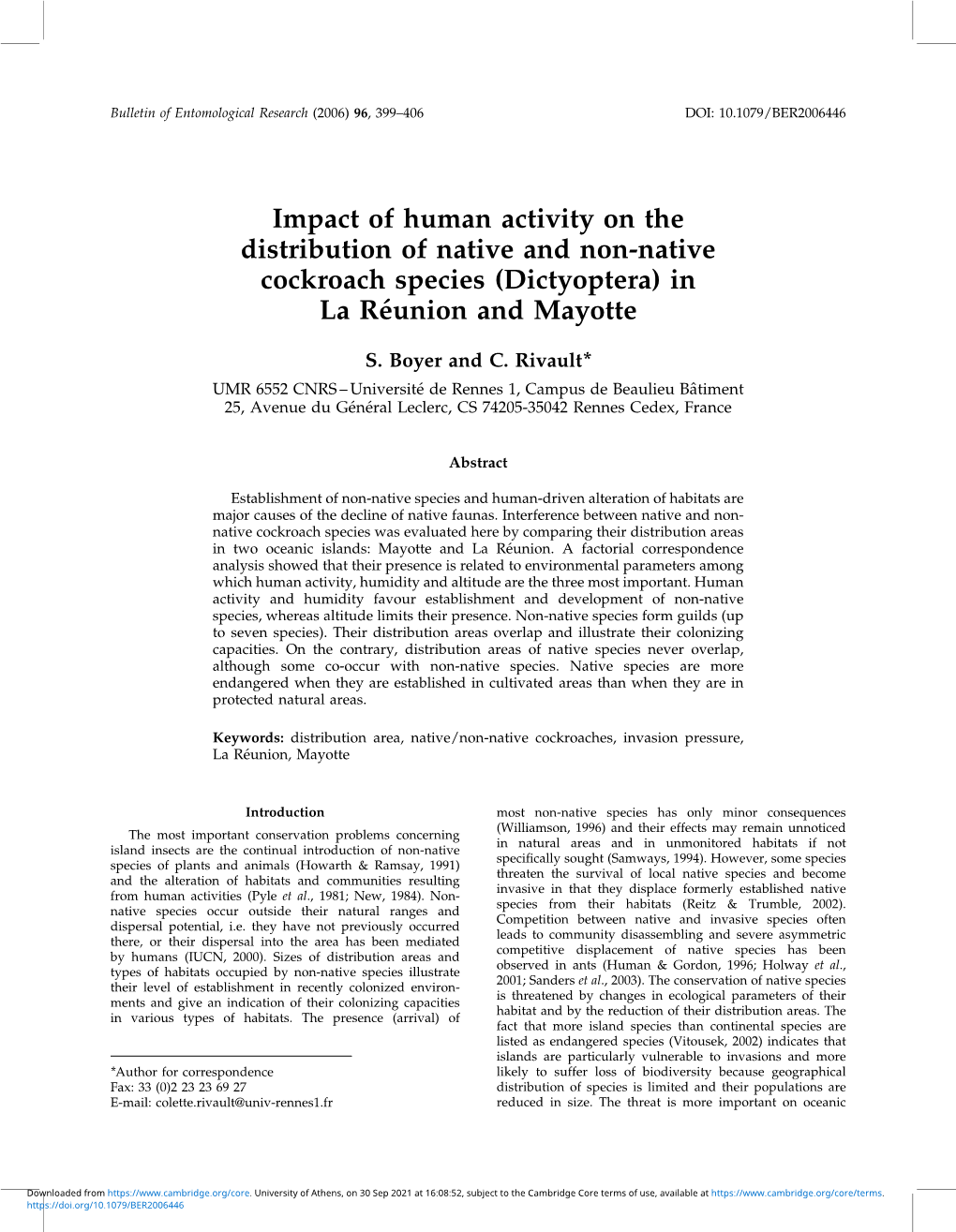 Impact of Human Activity on the Distribution of Native and Non-Native Cockroach Species (Dictyoptera) in La Re´Union and Mayotte