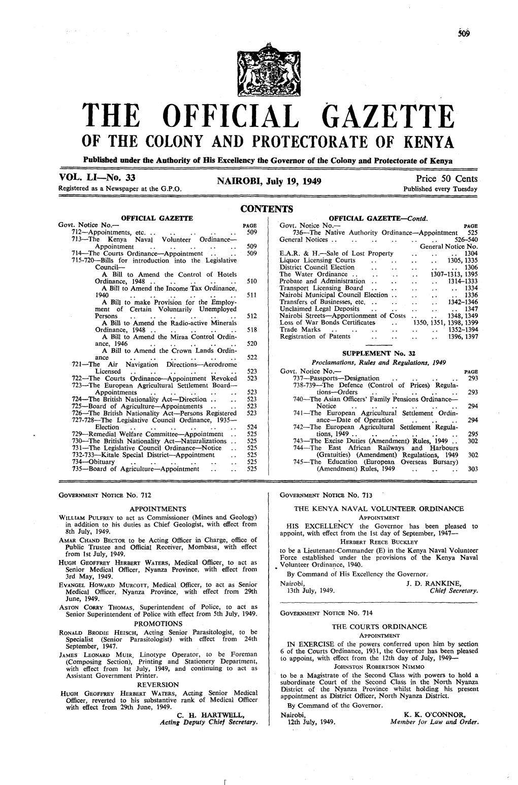 THE OFFICIAL GAZETTE of the COLONY and PROTECTORATE of KENYA Published Under the Authority of His Excellency the Governor of the Colony and Protectorate of Kenya
