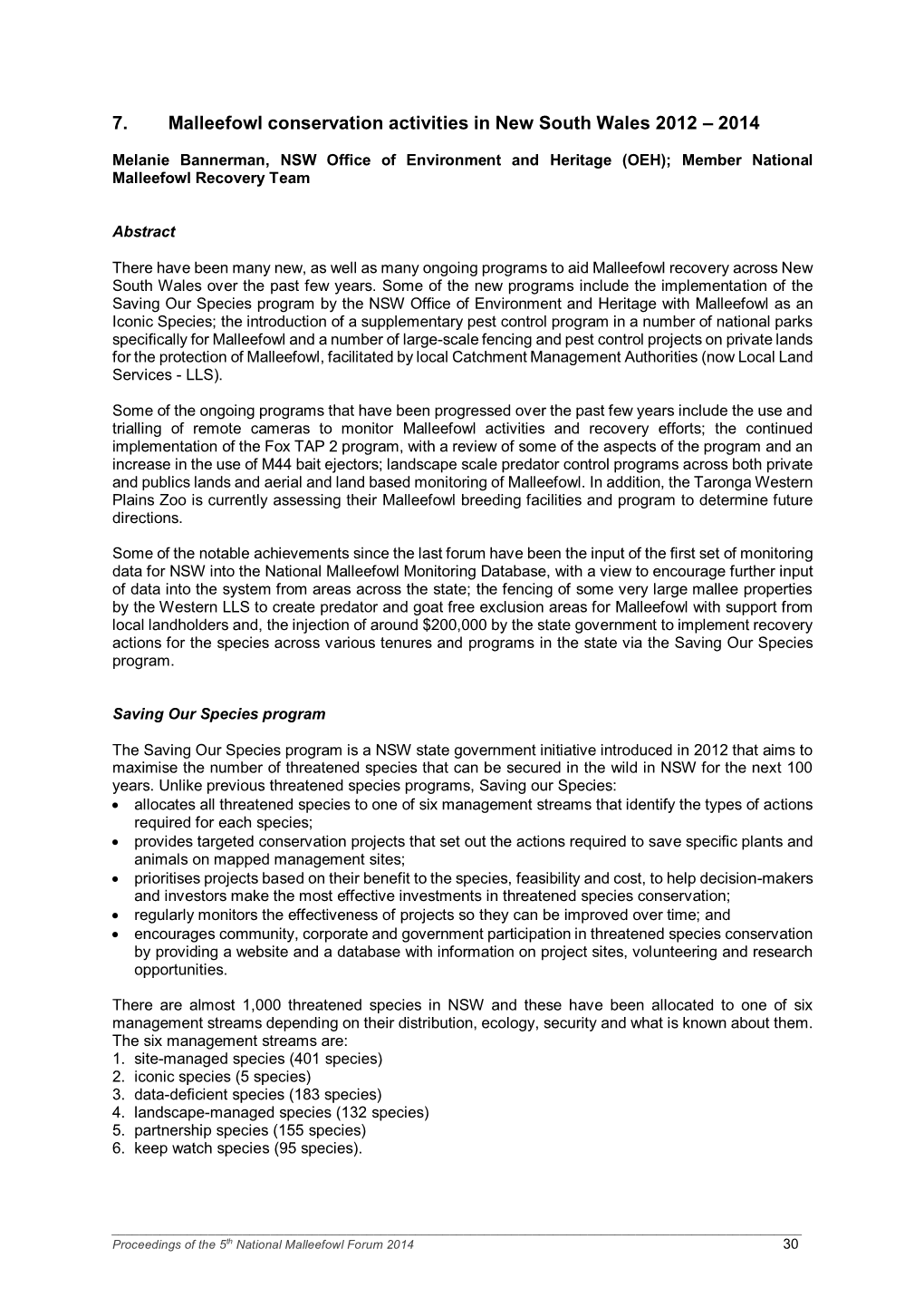 7. Malleefowl Conservation Activities in New South Wales 2012 – 2014