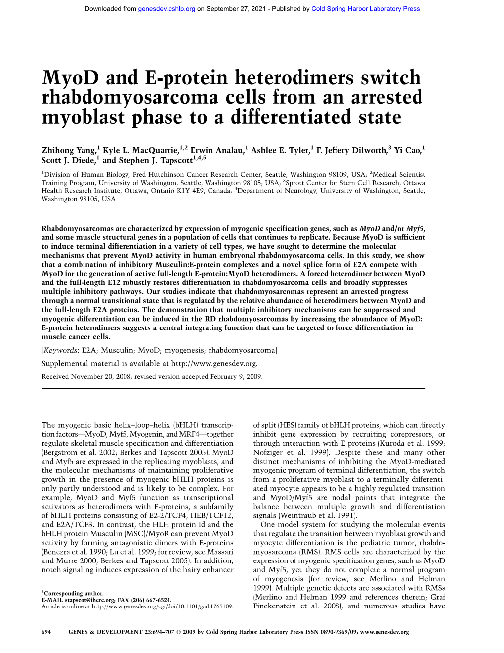 Myod and E-Protein Heterodimers Switch Rhabdomyosarcoma Cells from an Arrested Myoblast Phase to a Differentiated State