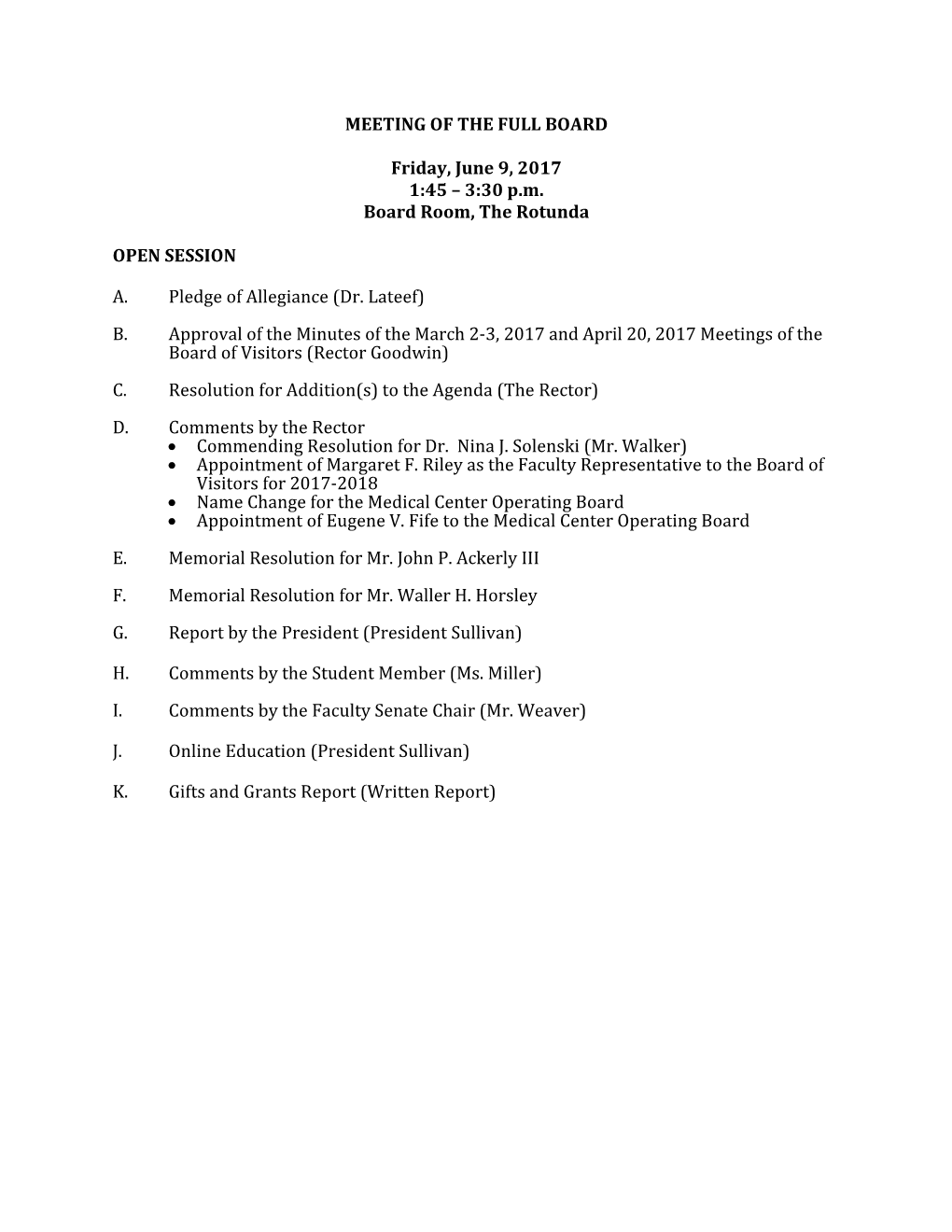 MEETING of the FULL BOARD Friday, June 9, 2017 1:45 – 3:30 Pm