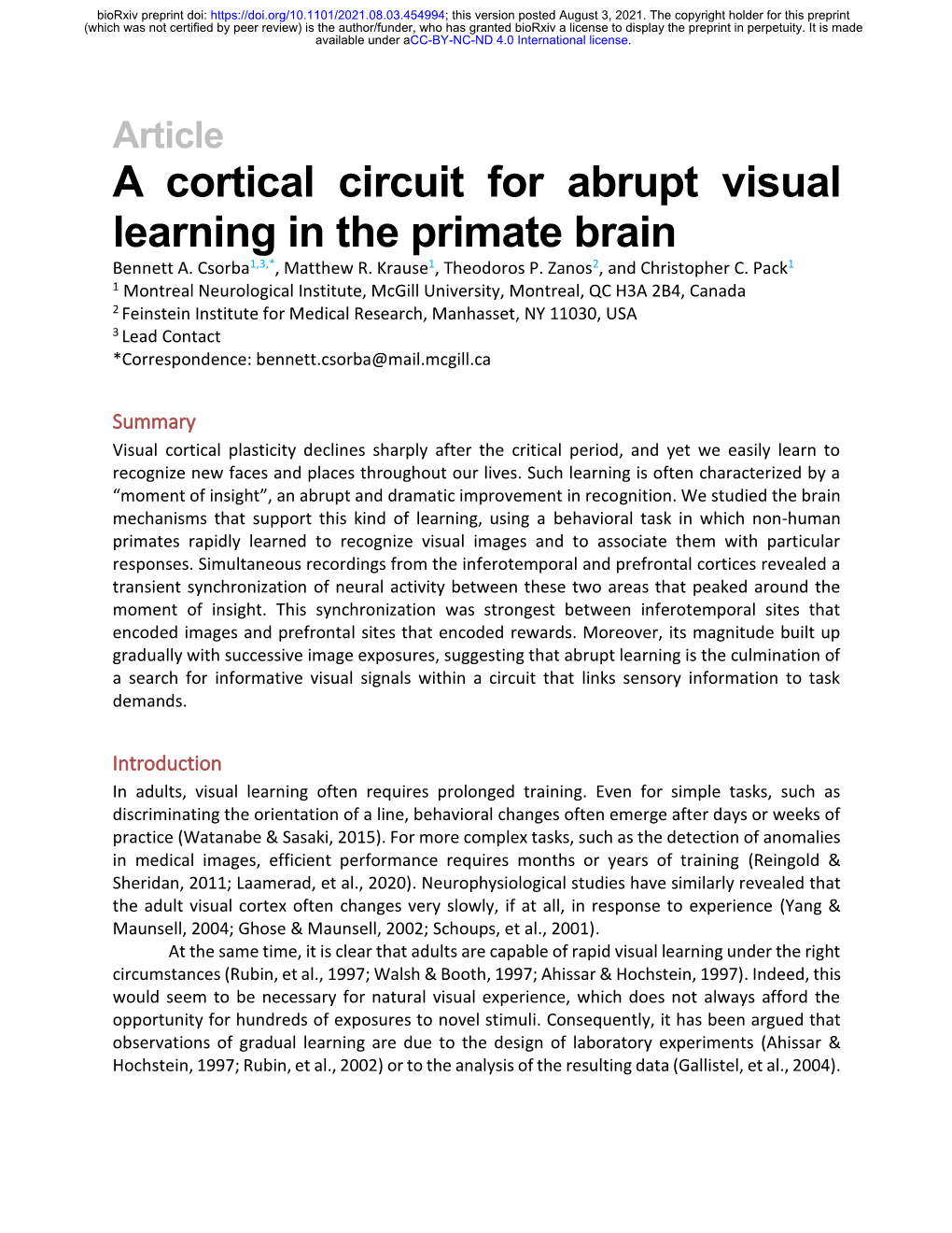 A Cortical Circuit for Abrupt Visual Learning in the Primate Brain