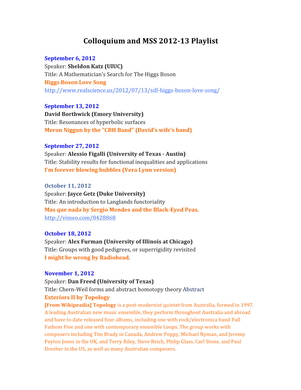 Colloquium and MSS 2012-‐13 Playlist