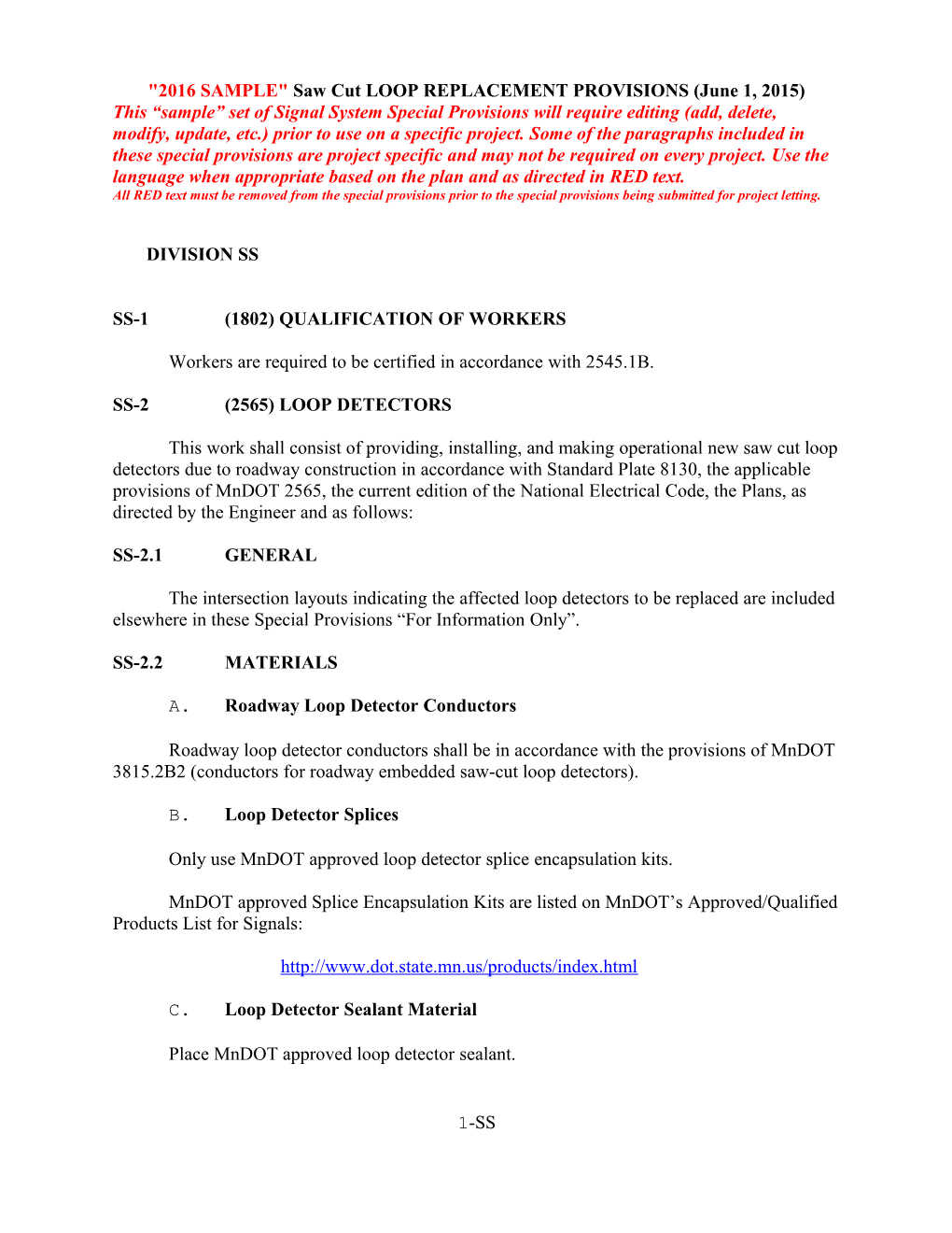 2016 SAMPLE Saw Cut LOOP REPLACEMENT PROVISIONS (June 1, 2015)