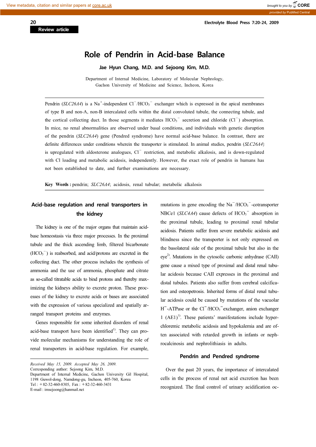 Role of Pendrin in Acid-Base Balance