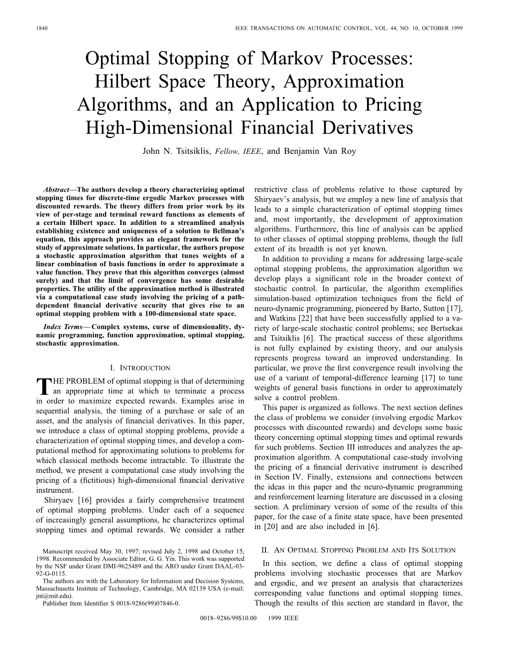 Optimal Stopping of Markov Processes: Hilbert Space Theory, Approximation Algorithms, and an Application to Pricing High-Dimensional Financial Derivatives