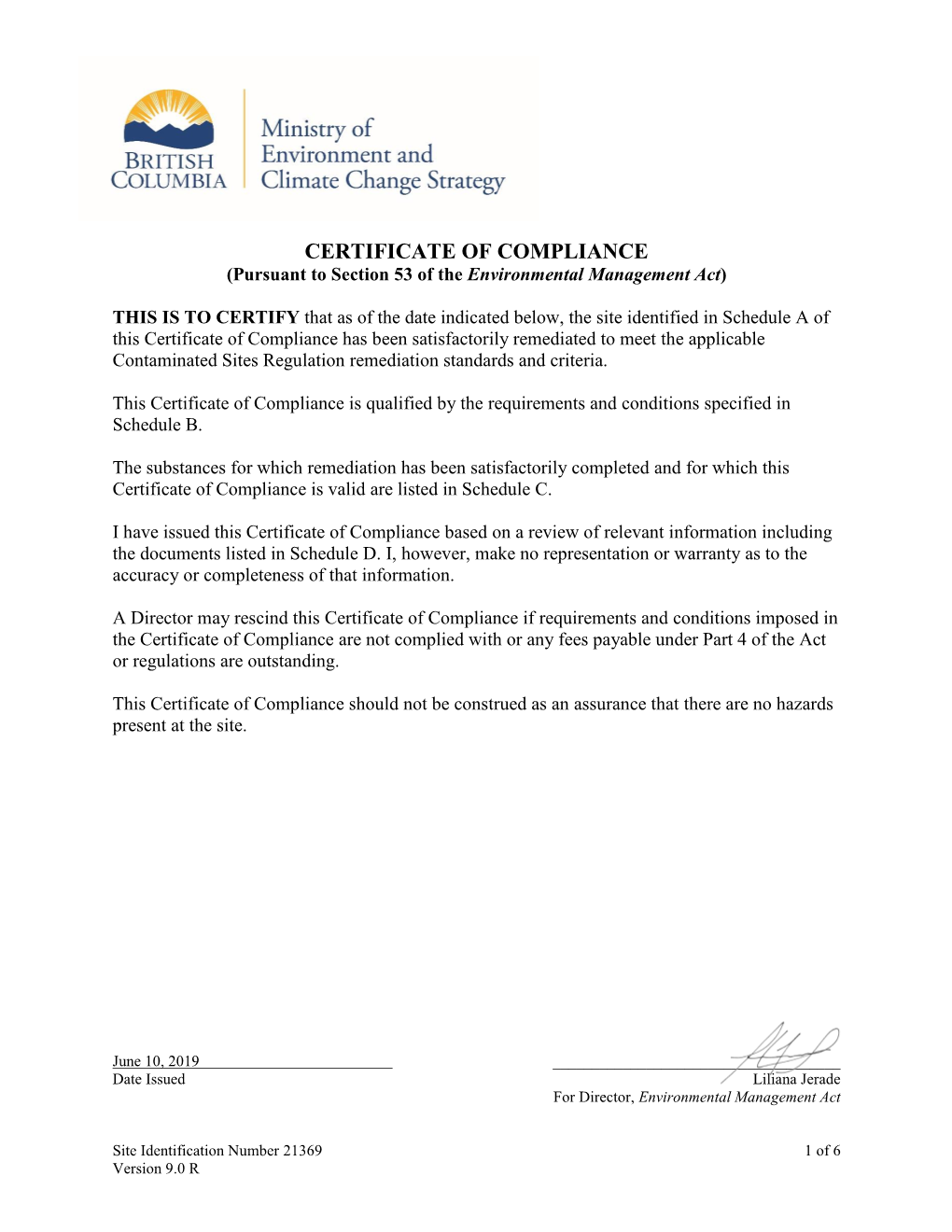 CERTIFICATE of COMPLIANCE (Pursuant to Section 53 of the Environmental Management Act)