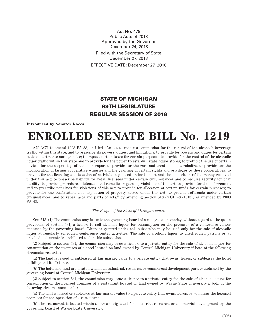 ENROLLED SENATE BILL No. 1219