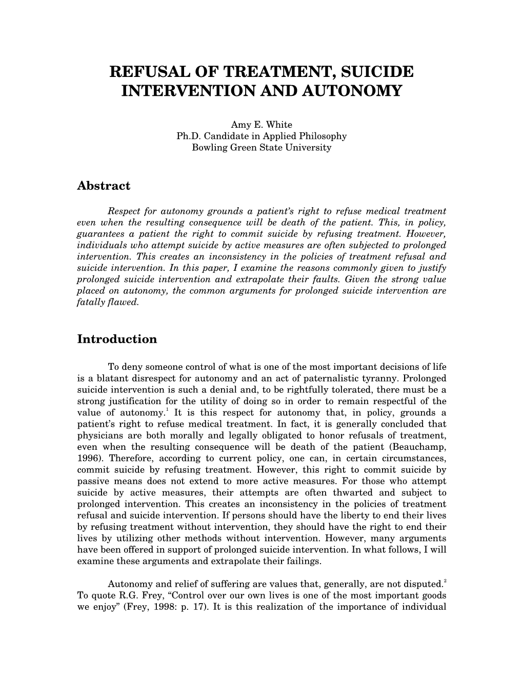 Refusal of Treatment, Suicide Intervention and Autonomy