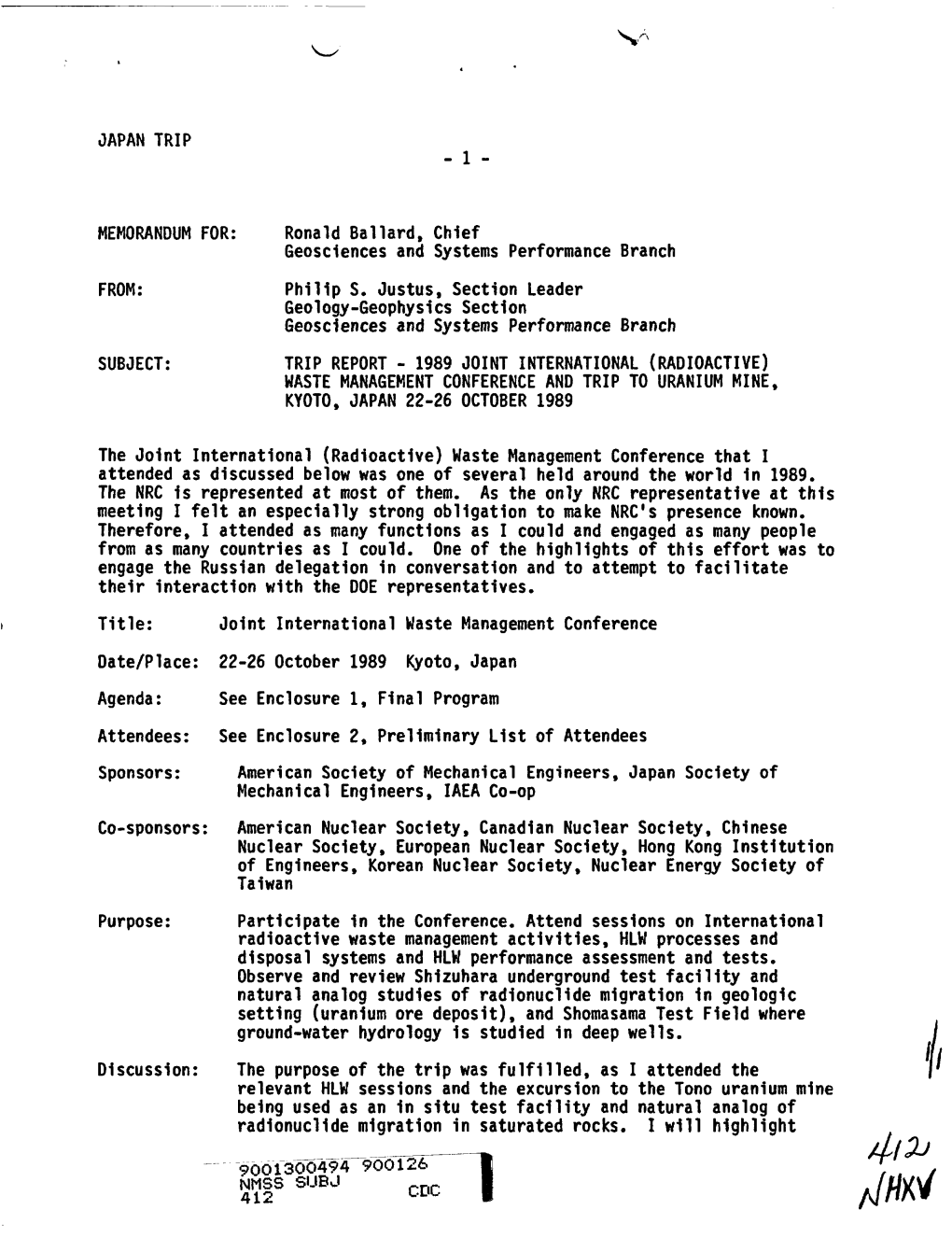 (Radioactive) Waste Management Conference and Trip to Uranium Mine, Kyoto, Japan 22-26 October 1989