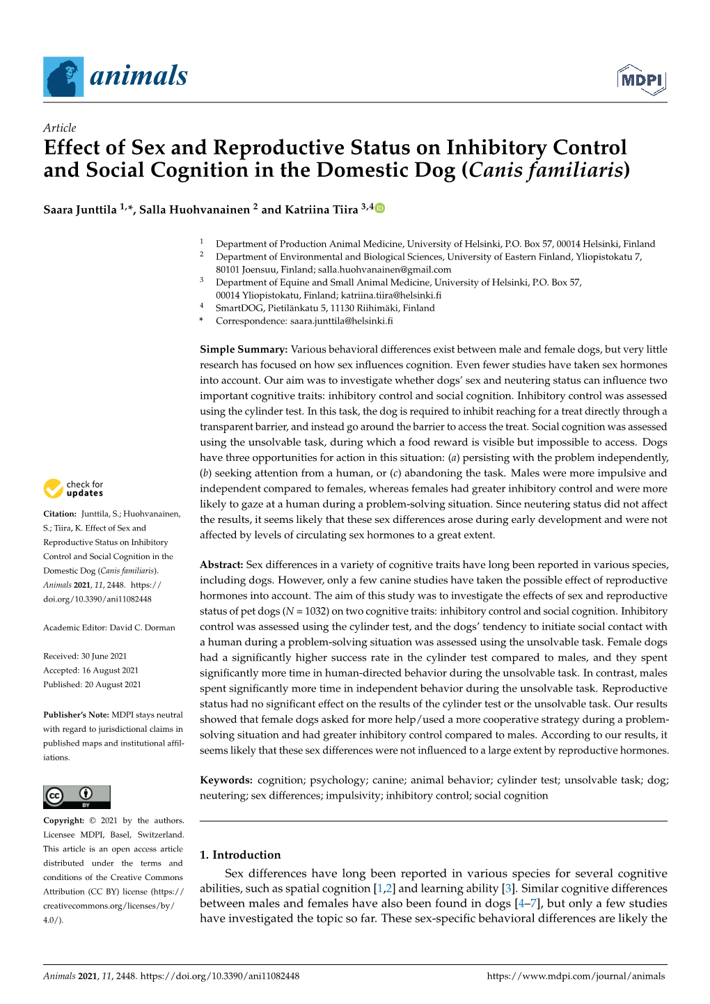 Effect of Sex and Reproductive Status on Inhibitory Control and Social Cognition in the Domestic Dog (Canis Familiaris)