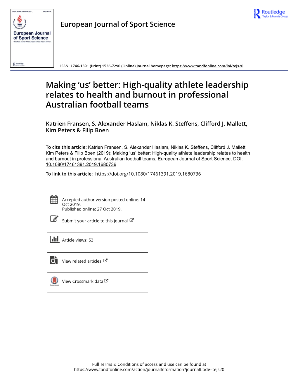 Making 'Us' Better: High-Quality Athlete Leadership Relates to Health And