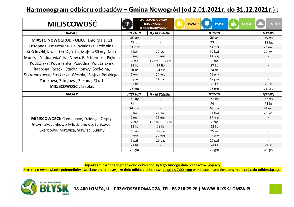 18Th Styczeń 2021 GMINA NOWOGRÓD – HARMONOGRAM WYWOZU ODPADÓW Z NIERUCHOMOŚCI ZAMIESZKAŁYCH NA 2021 R. Zobacz