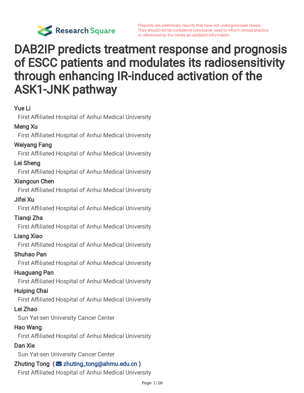 DAB2IP Predicts Treatment Response and Prognosis of ESCC Patients and Modulates Its Radiosensitivity Through Enhancing IR-Induced Activation of the ASK1-JNK Pathway