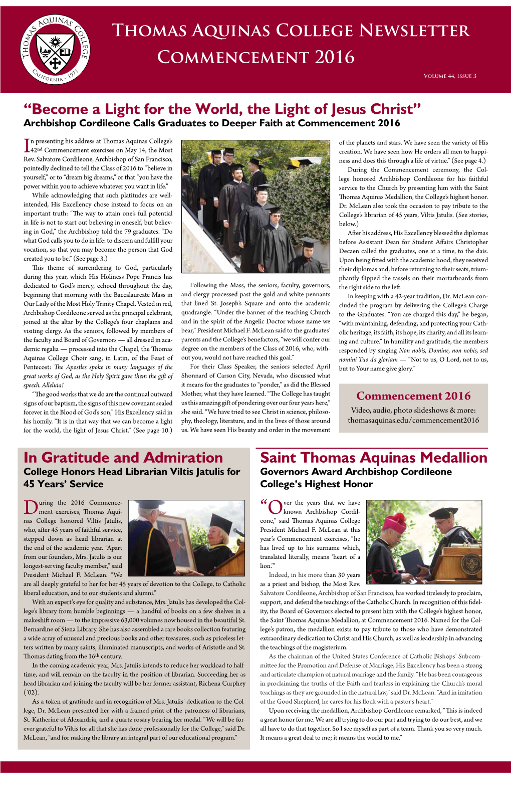 Thomas Aquinas College Newsletter Commencement 2016