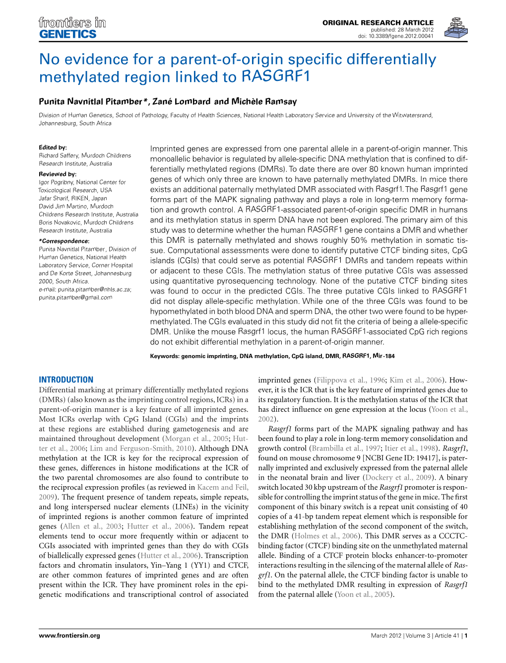 No Evidence for a Parent-Of-Origin Specific Differentially Methylated