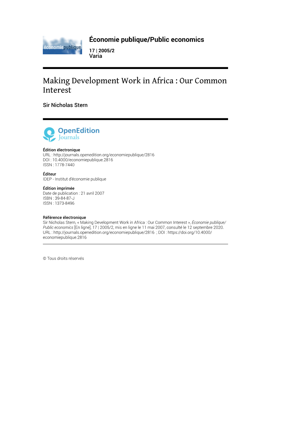 Making Development Work in Africa : Our Common Interest