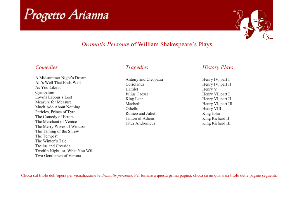 Dramatis Personæ of William Shakespeare's Plays