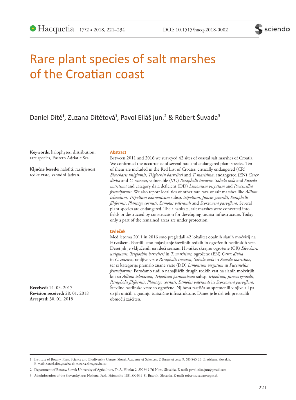 Rare Plant Species of Salt Marshes of the Croatian Coast