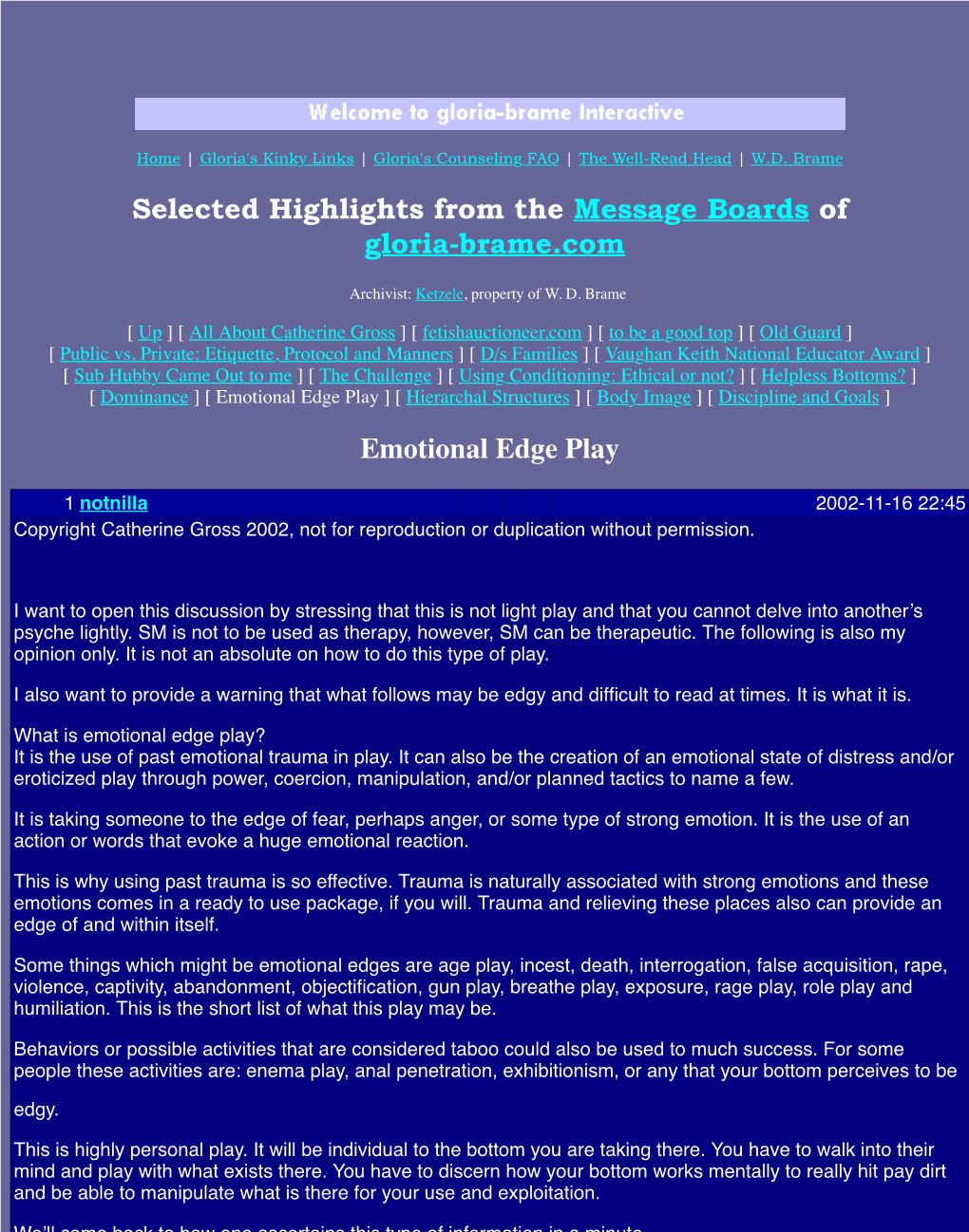 Selected Highlights from the Message Boards of Gloria-Brame.Com Emotional Edge Play