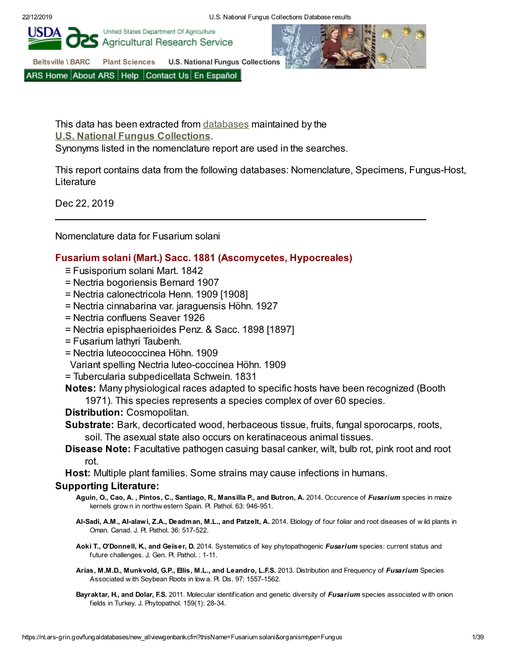 This Data Has Been Extracted from Databases Maintained by the U.S. National Fungus Collections