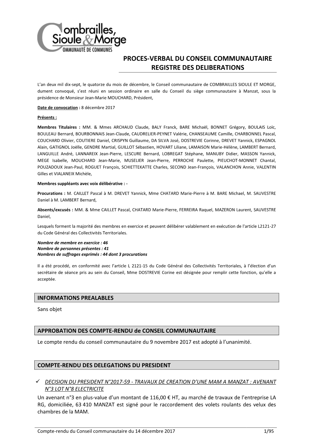 Proces-Verbal Du Conseil Communautaire Registre Des Deliberations