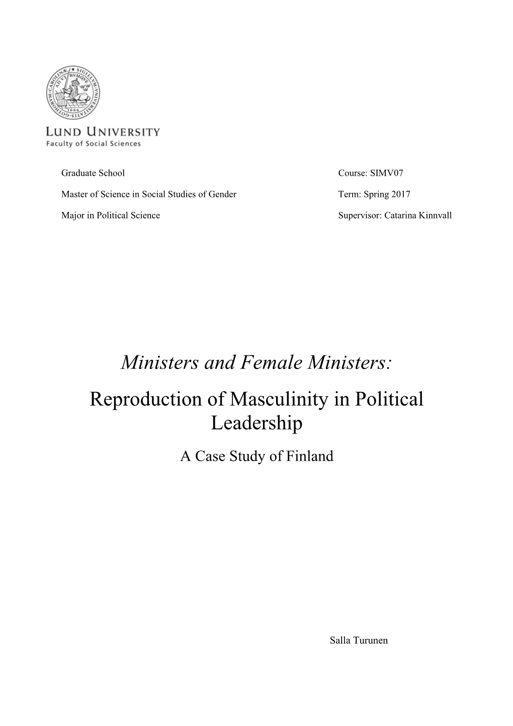Reproduction of Masculinity in Political Leadership a Case Study of Finland