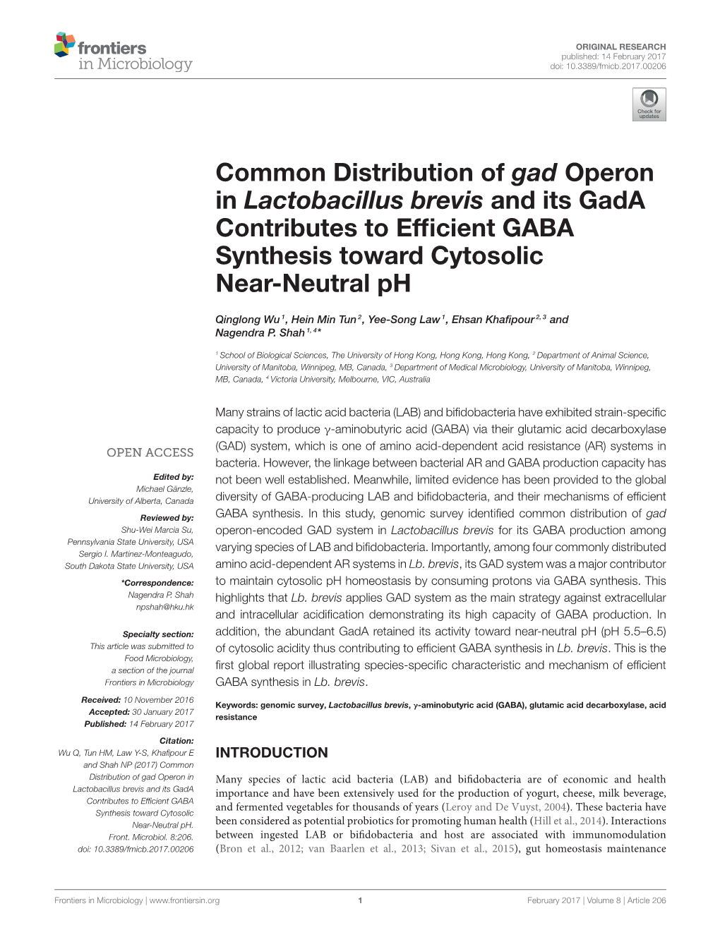 Common Distribution of Gad Operon in Lactobacillus Brevis and Its Gada Contributes to Efﬁcient GABA Synthesis Toward Cytosolic Near-Neutral Ph