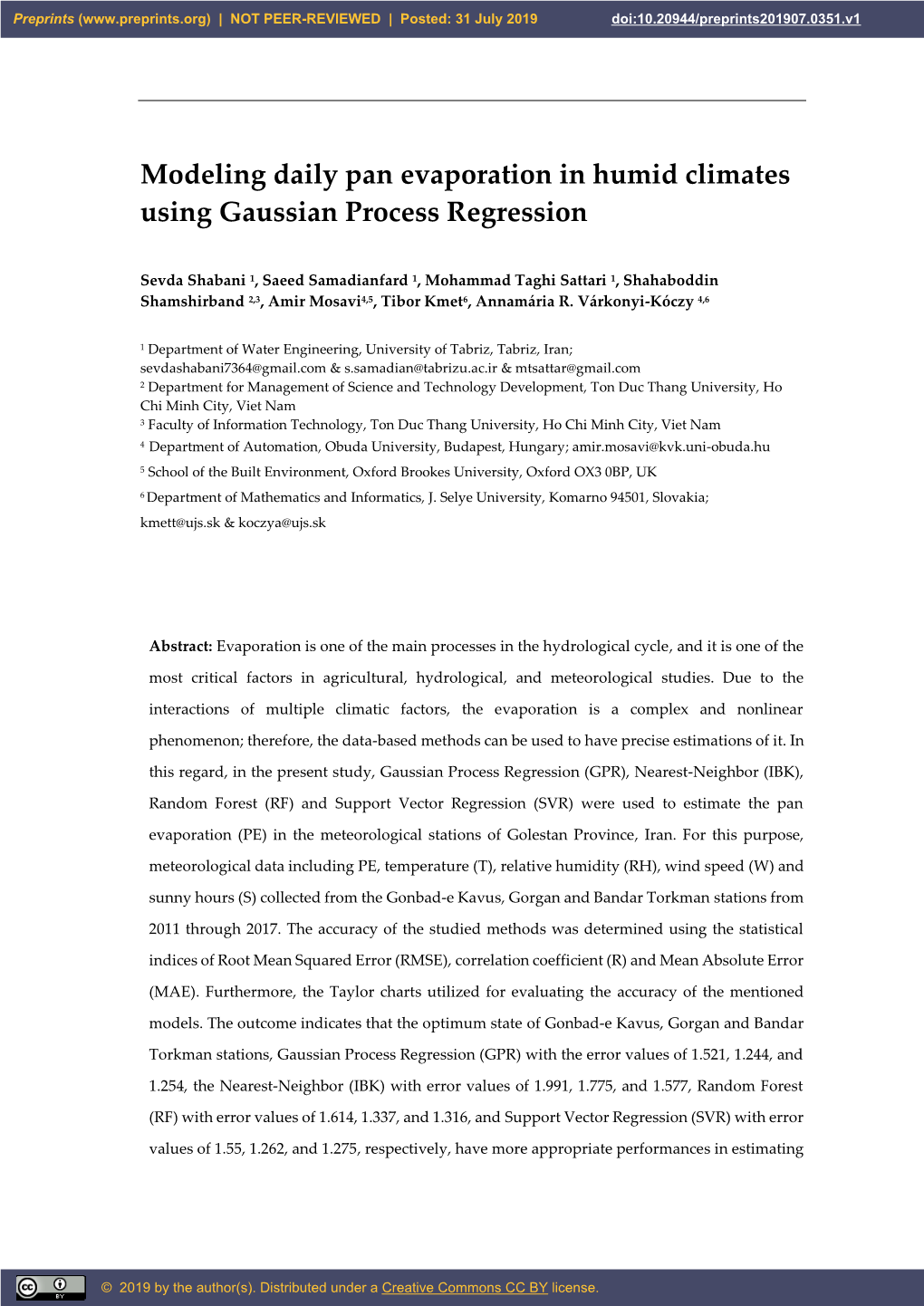 Modeling Daily Pan Evaporation in Humid Climates Using Gaussian Process Regression