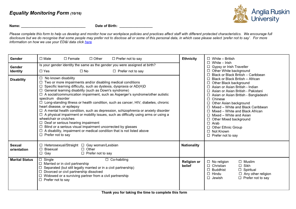 Equality Monitoring Form (10/16)