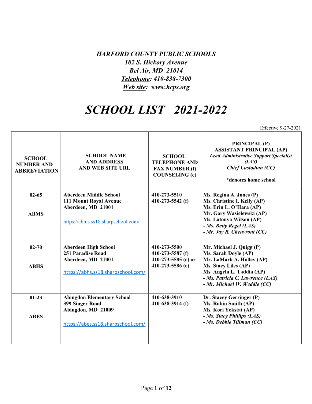 School List 2021-2022