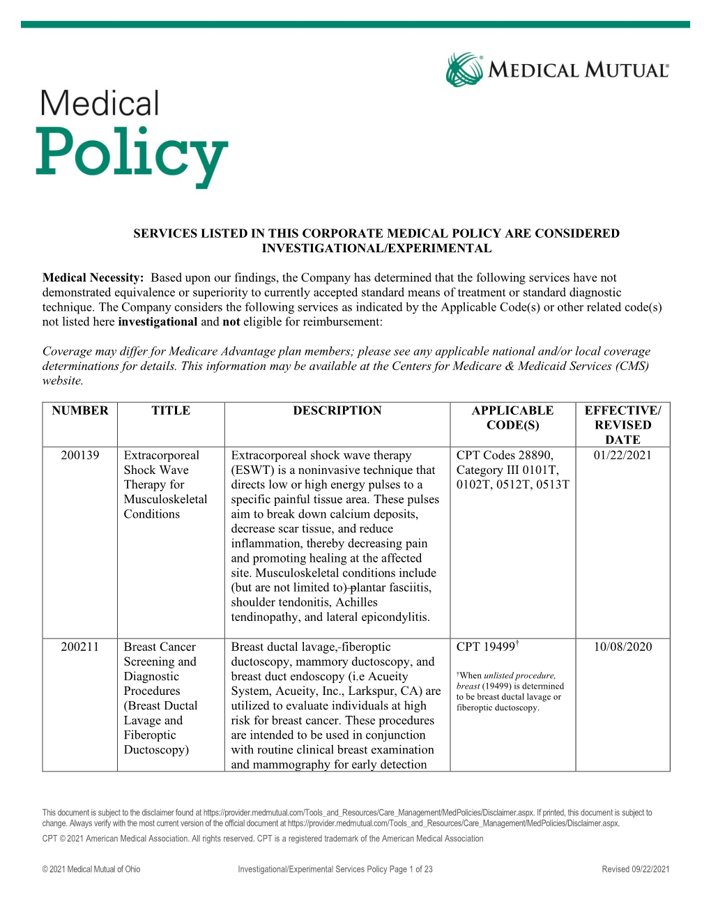 Investigational/Experimental Services Not Eligible for Reimbursement