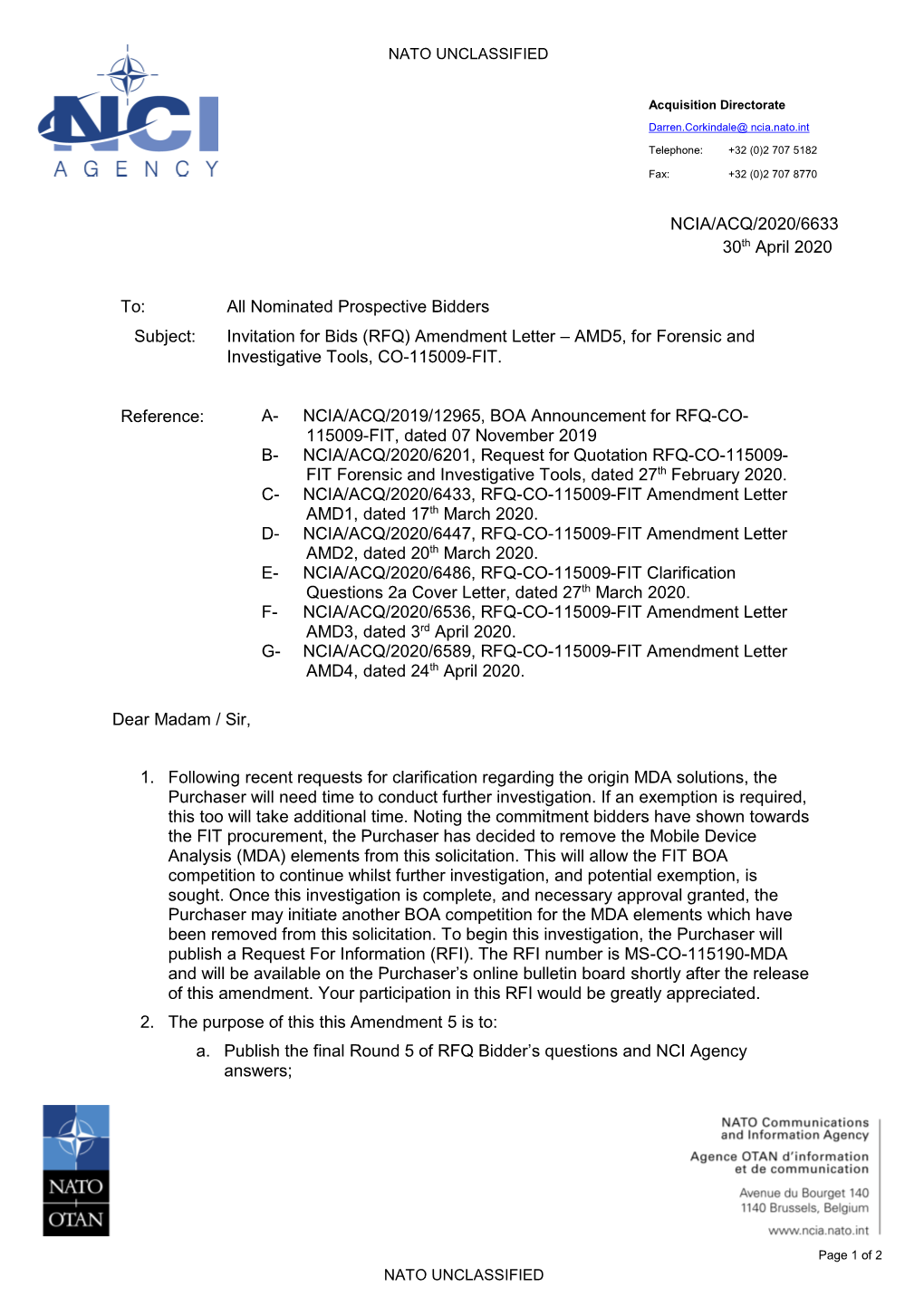 NCIA/ACQ/2020/6633 30Th April 2020 To